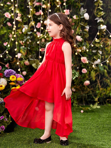 Young Girls' Sleeveless Dress With Stand Collar, Irregular Hem And Ruffle Trim