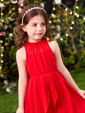 Young Girls' Sleeveless Dress With Stand Collar, Irregular Hem And Ruffle Trim