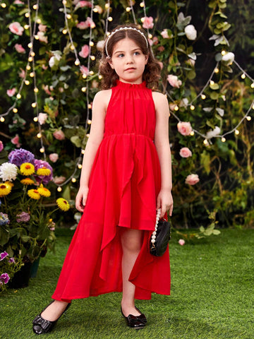 Young Girls' Sleeveless Dress With Stand Collar, Irregular Hem And Ruffle Trim
