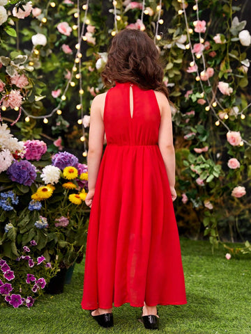 Young Girls' Sleeveless Dress With Stand Collar, Irregular Hem And Ruffle Trim