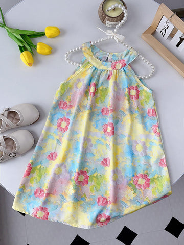 Young Girl's Sleeveless Floral Print Halter Neck Loose Fit Dress With Oil Painting Style Print