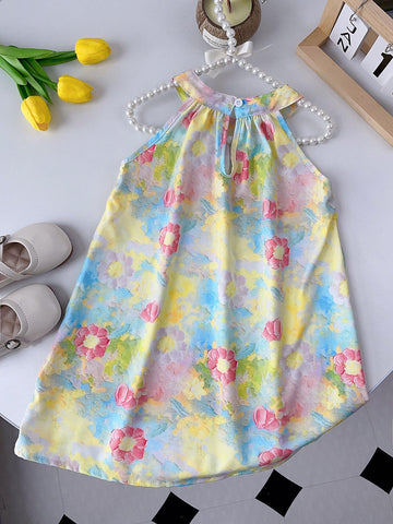 Young Girl's Sleeveless Floral Print Halter Neck Loose Fit Dress With Oil Painting Style Print
