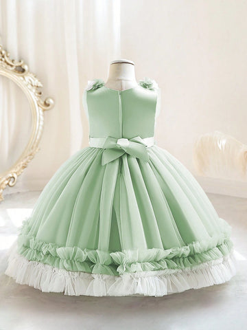 Young Girls Sleeveless Flower Mesh Princess Dress For Birthday Party Wedding Flower Girl Dance Performance Stage Outfit