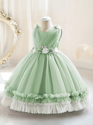 Young Girls Sleeveless Flower Mesh Princess Dress For Birthday Party Wedding Flower Girl Dance Performance Stage Outfit