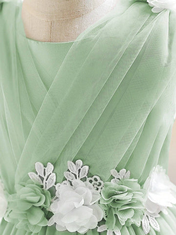 Young Girls Sleeveless Flower Mesh Princess Dress For Birthday Party Wedding Flower Girl Dance Performance Stage Outfit