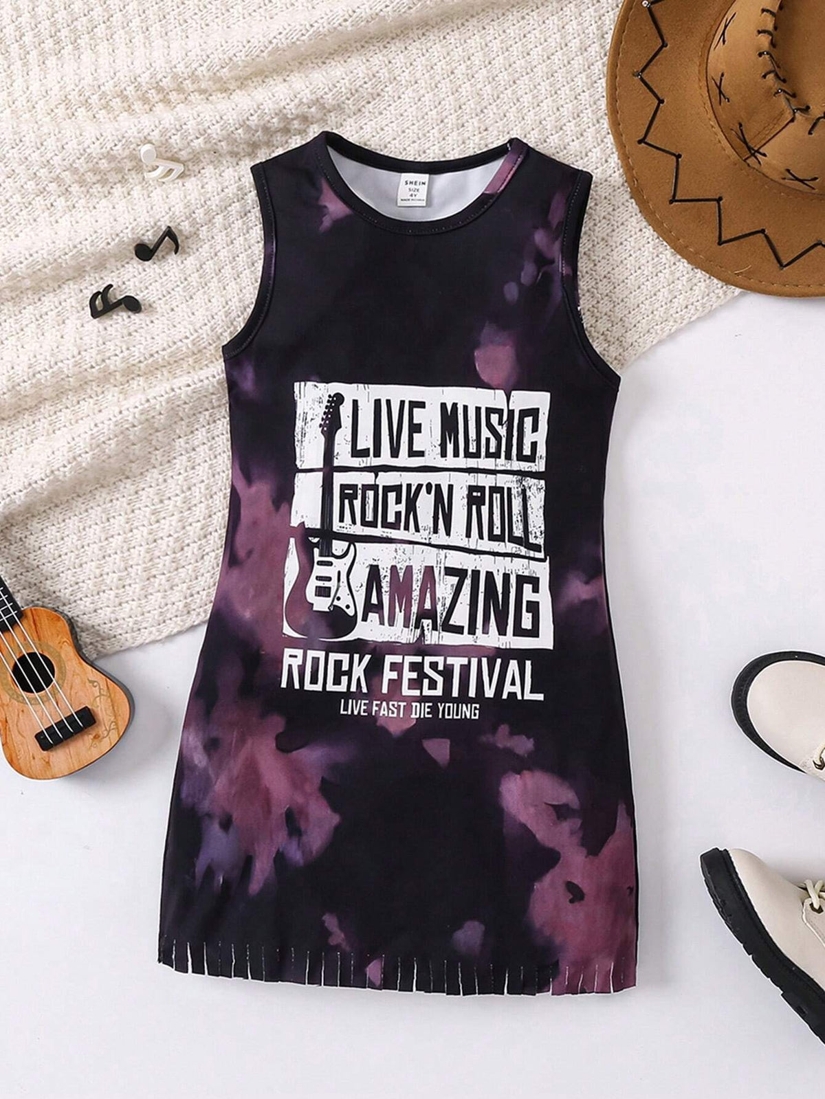 Young Girls' Sleeveless Fringe Hem Dress With Guitar Print And Slogan