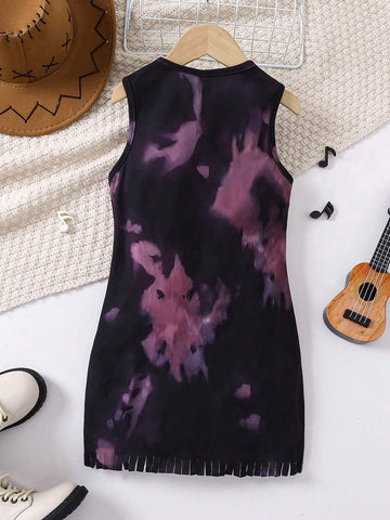 Young Girls' Sleeveless Fringe Hem Dress With Guitar Print And Slogan