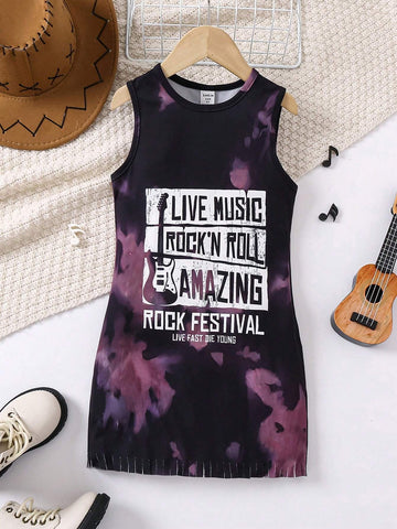 Young Girls' Sleeveless Fringe Hem Dress With Guitar Print And Slogan