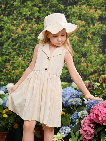 Young Girls' Sleeveless Lapel Collar Pleated Hem Dress