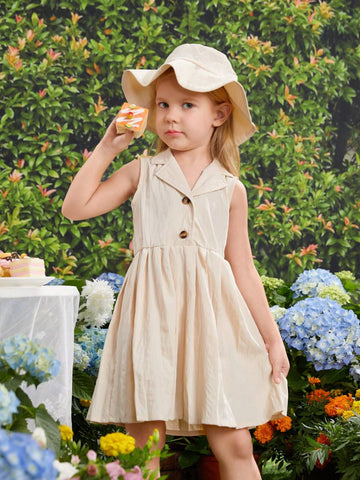 Young Girls' Sleeveless Lapel Collar Pleated Hem Dress