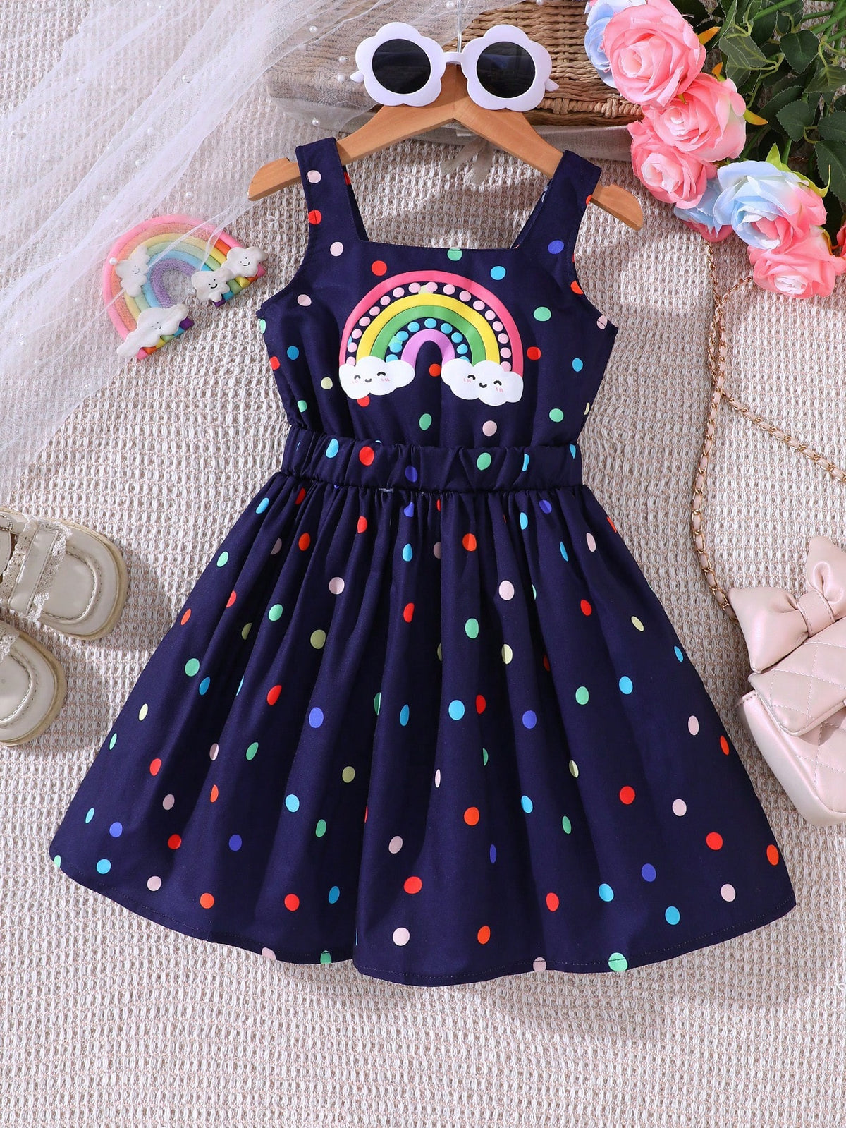 Young Girls' Sleeveless Polka Dot Rainbow Casual Dress, Spring/Summer