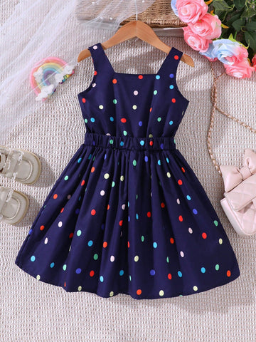 Young Girls' Sleeveless Polka Dot Rainbow Casual Dress, Spring/Summer