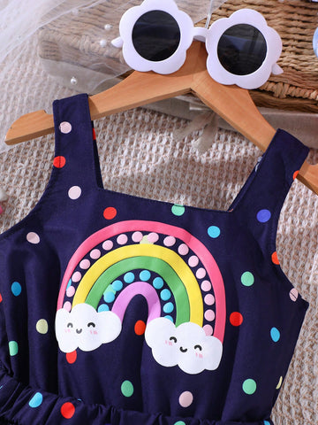 Young Girls' Sleeveless Polka Dot Rainbow Casual Dress, Spring/Summer