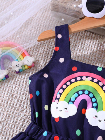 Young Girls' Sleeveless Polka Dot Rainbow Casual Dress, Spring/Summer