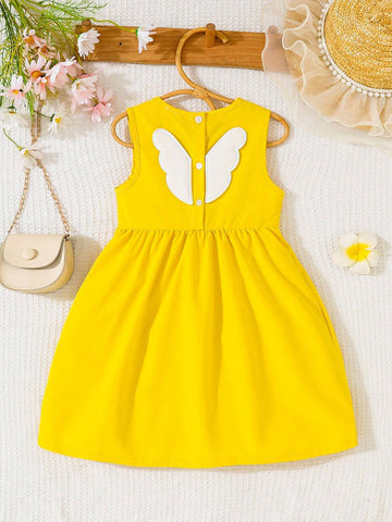 Young Girls' Sleeveless Round Neck Solid Color Dress With Flower Appliques For Summer