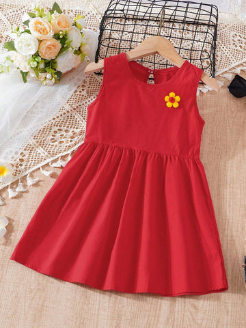 Young Girl's Sleeveless Solid Color Three-Dimensional Flower Pattern Casual Princess Dress