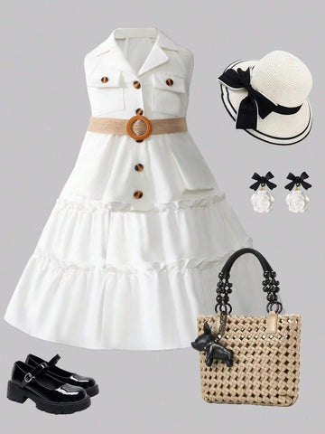 Young Girls' Sleeveless Utility Jumpsuit With Notched Collar, Woven Belt Decoration, Summer