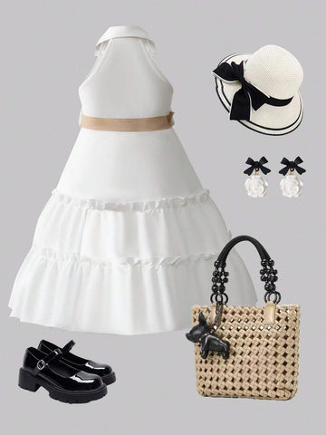 Young Girls' Sleeveless Utility Jumpsuit With Notched Collar, Woven Belt Decoration, Summer