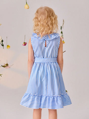 Young Girls Sleeveless White & Blue Striped Dress In Country Style, Spring & Summer