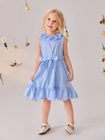 Young Girls Sleeveless White & Blue Striped Dress In Country Style, Spring & Summer