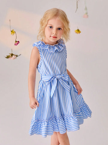 Young Girls Sleeveless White & Blue Striped Dress In Country Style, Spring & Summer
