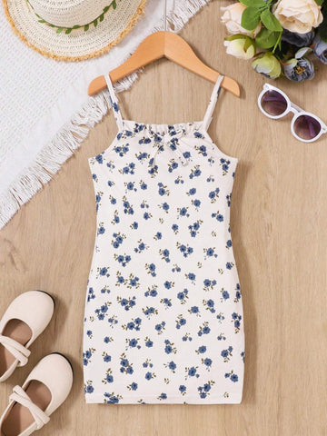 Young Girls' Small Floral Print Dress With Bow Decorated Shoulder Straps