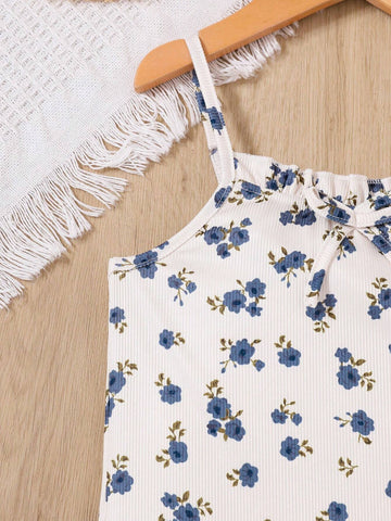 Young Girls' Small Floral Print Dress With Bow Decorated Shoulder Straps