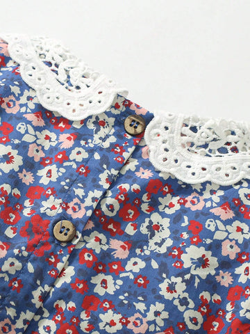Young Girl's Small Flower Printed Bubble Sleeve Dress