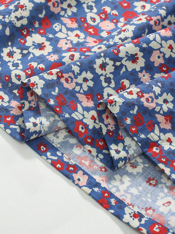Young Girl's Small Flower Printed Bubble Sleeve Dress