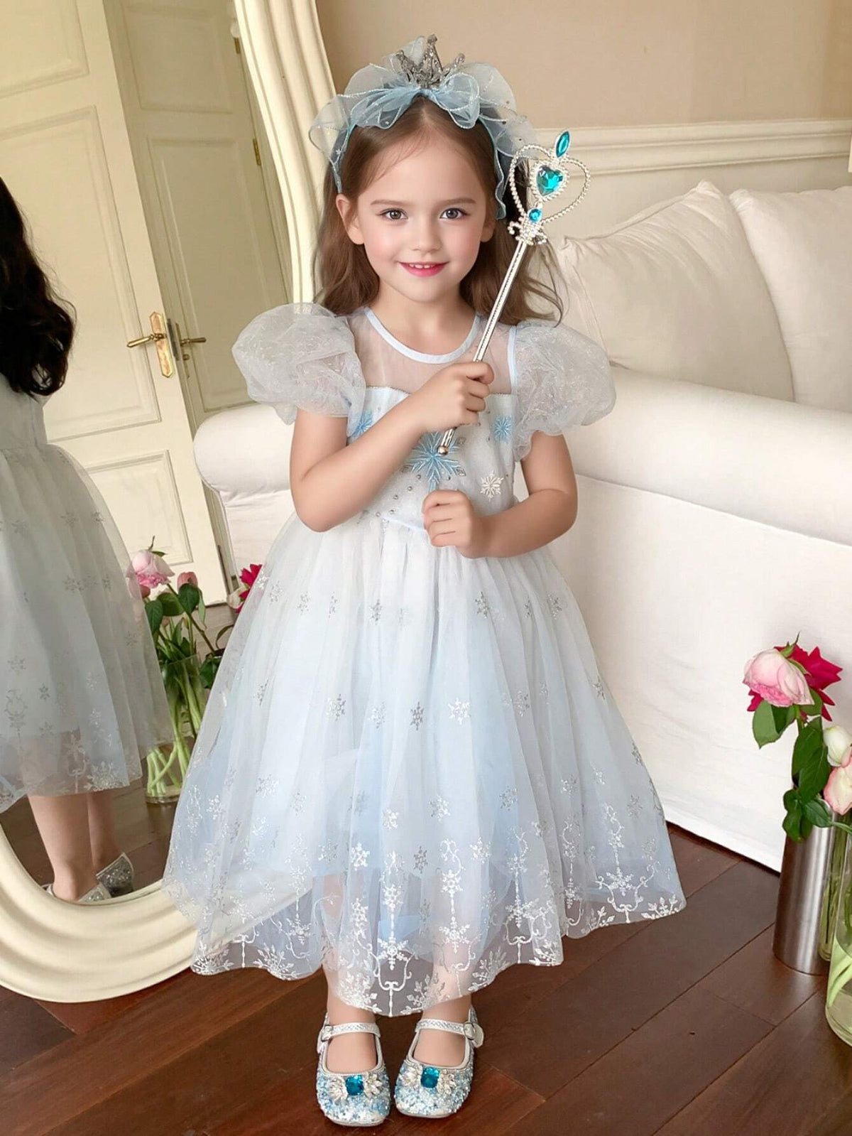 Young Girls' Snowflake Embroidery Bubble Sleeve Dress, Summer