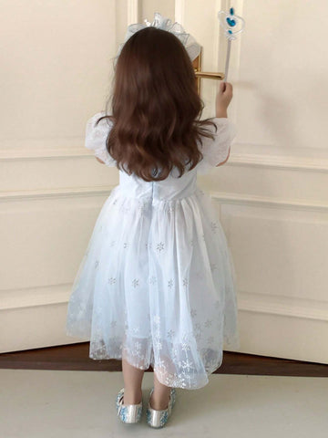 Young Girls' Snowflake Embroidery Bubble Sleeve Dress, Summer