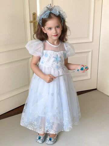 Young Girls' Snowflake Embroidery Bubble Sleeve Dress, Summer