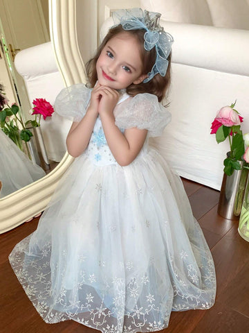 Young Girls' Snowflake Embroidery Bubble Sleeve Dress, Summer