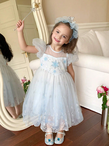 Young Girls' Snowflake Embroidery Bubble Sleeve Dress, Summer