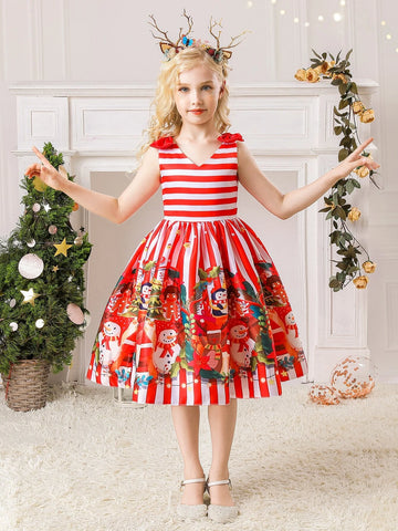 Young Girls Snowman & Deer Pattern Satin Christmas Party Dress, Princess Style