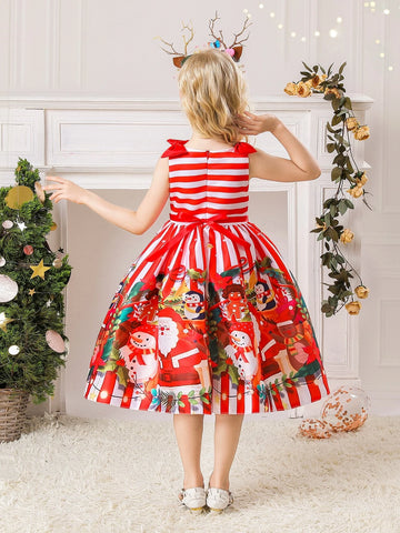 Young Girls Snowman & Deer Pattern Satin Christmas Party Dress, Princess Style