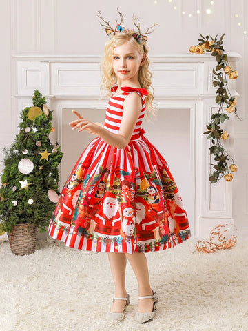 Young Girls Snowman & Deer Pattern Satin Christmas Party Dress, Princess Style