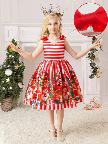 Young Girls Snowman & Deer Pattern Satin Christmas Party Dress, Princess Style