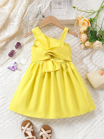 Young Girl's Solid Color Asymmetrical Collar Dress With Bow Decoration
