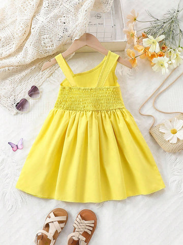 Young Girl's Solid Color Asymmetrical Collar Dress With Bow Decoration