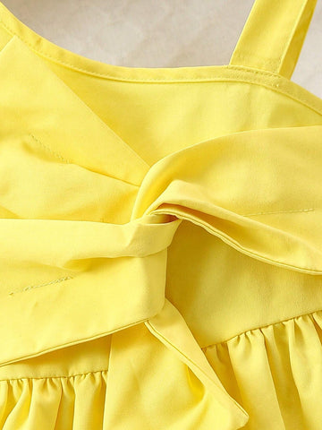 Young Girl's Solid Color Asymmetrical Collar Dress With Bow Decoration