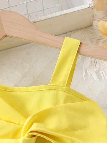 Young Girl's Solid Color Asymmetrical Collar Dress With Bow Decoration