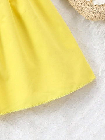 Young Girl's Solid Color Asymmetrical Collar Dress With Bow Decoration
