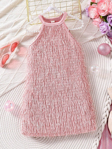 Young Girls Solid Color Elegant Tassel Dress, A Dreamy And Graceful Childrenswear Item Designed For Little Girls.