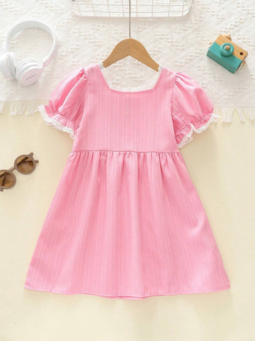 Young Girls Solid Color Floral Ruffle Puff Sleeve Casual Dress, Summer