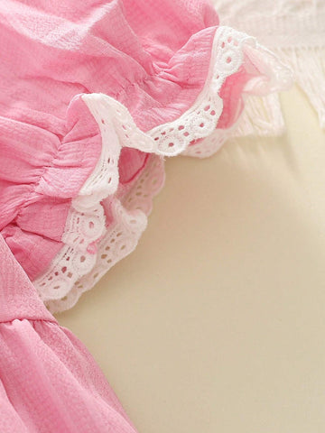 Young Girls Solid Color Floral Ruffle Puff Sleeve Casual Dress, Summer