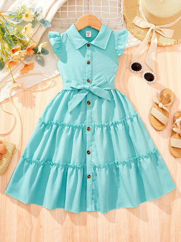 Young Girls' Solid Color Front Button Fly Sleeve Dress For Summer