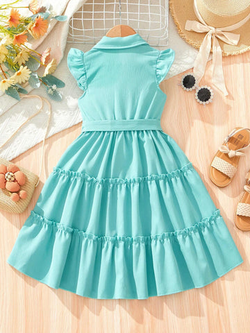 Young Girls' Solid Color Front Button Fly Sleeve Dress For Summer