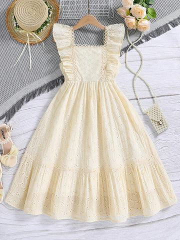Young Girl's Solid Color Hollow Out Embroidered Ruffle Trim Sleeveless Dress