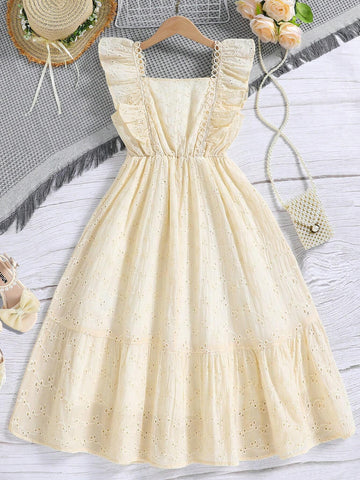 Young Girl's Solid Color Hollow Out Embroidered Ruffle Trim Sleeveless Dress
